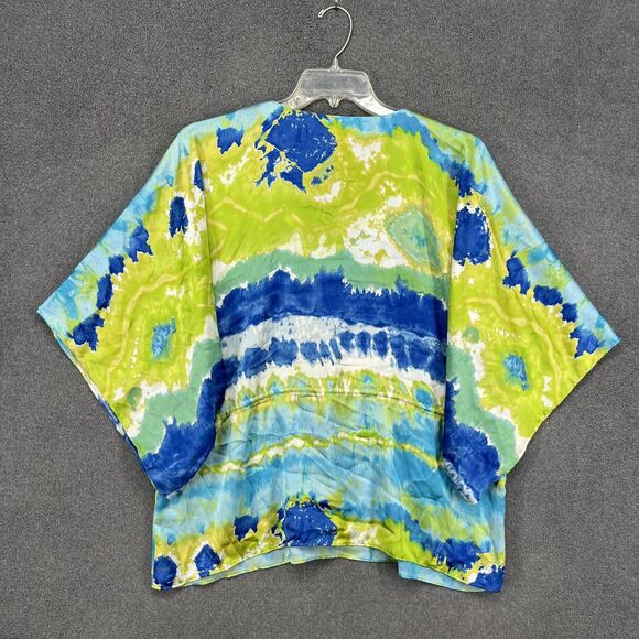 Chaps Shirt Womens Large Blue Green Tie Dye V Neck Kimono Sleeve Drawstring - Picture 11 of 15